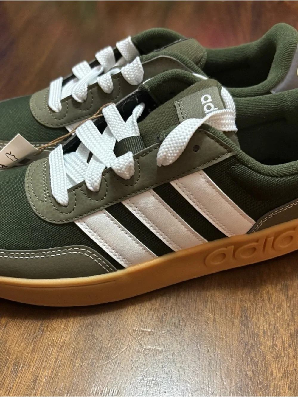 adidas Olive Green Low-Top Sneakers with White Stripes and Gum Sole